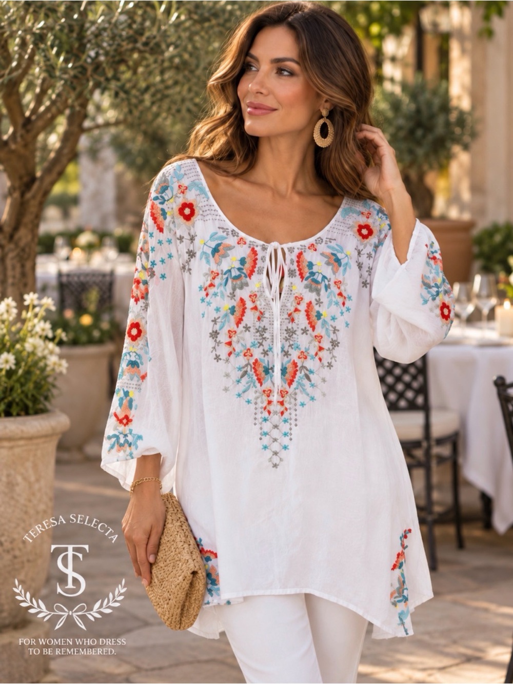 NWT Johnny Was White Embroidered Floral Tunic Blouse 2X Boho Peasant Top